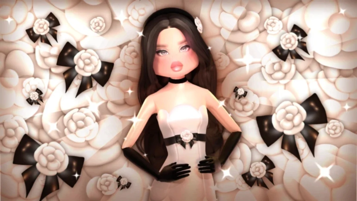 One of the promotional images for Roblox game 'Dress to Impress,' featuring a character wearing a white dress with roses around her